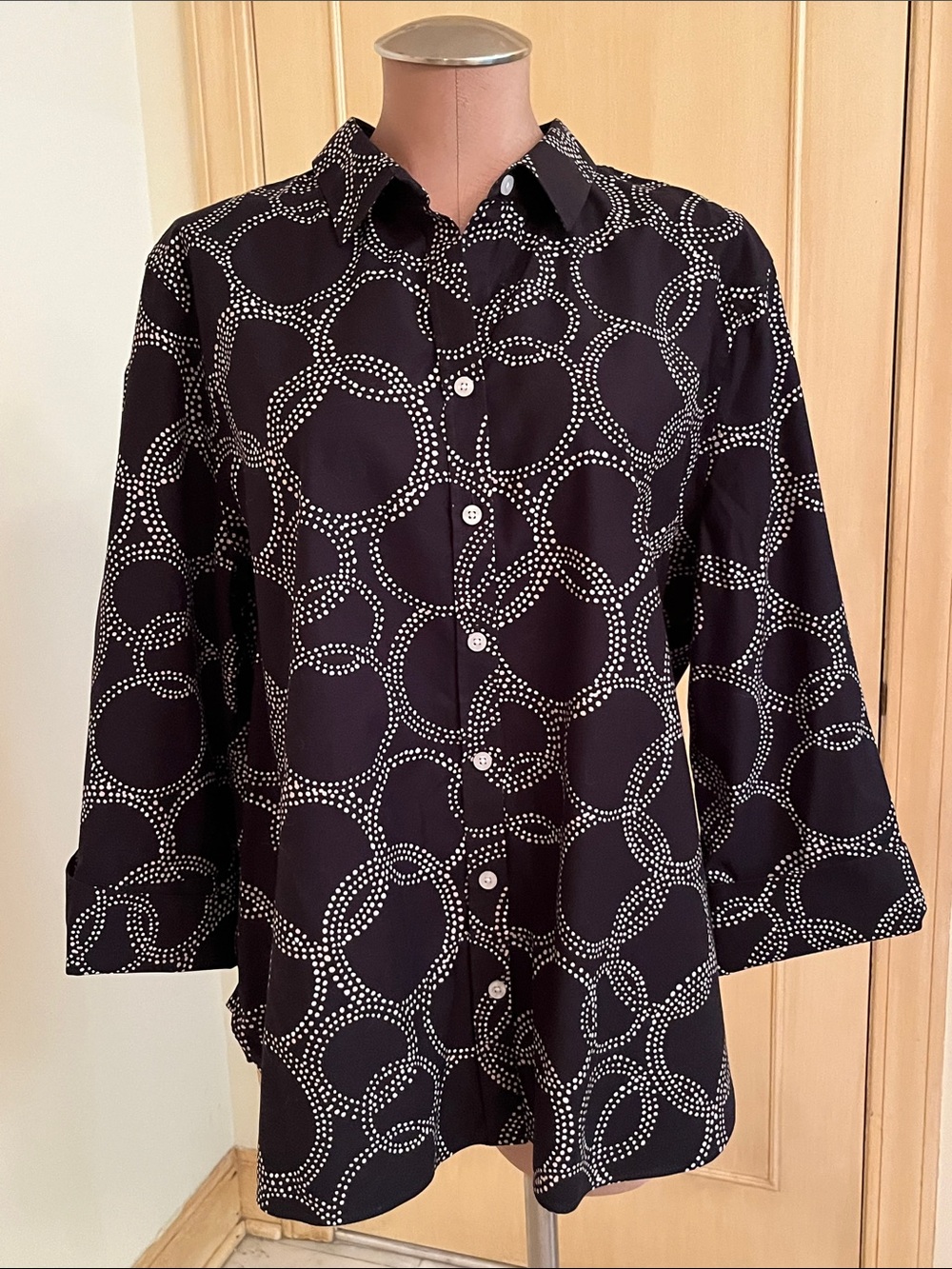CHICO'S Career Coastal Grandma Black/Cream Dot-Chain Button-Up 3/4 SLV Blouse 18